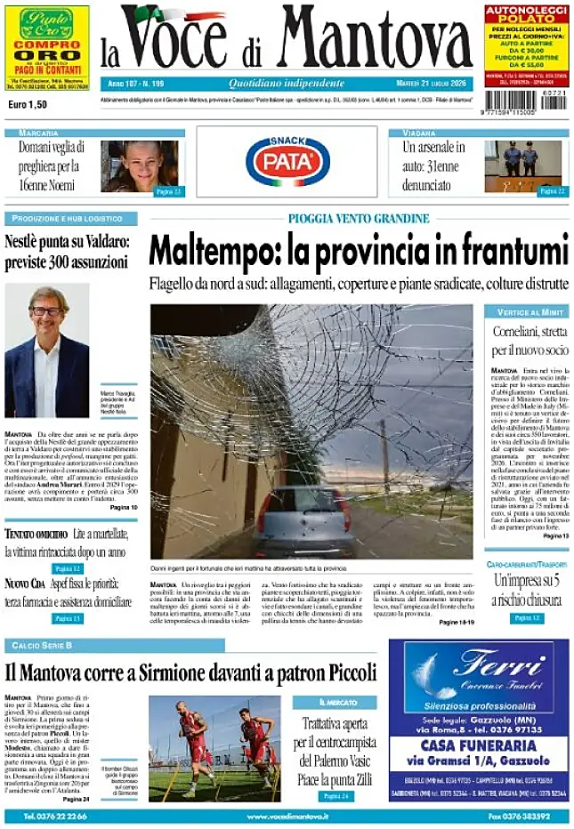 Prima pagina La Voce di Mantova di oggi - Edicola 21 Luglio 2026
