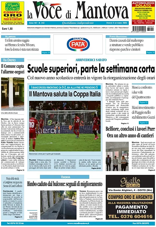 Prima pagina La Voce di Mantova di oggi - Edicola 4 Settembre 2026