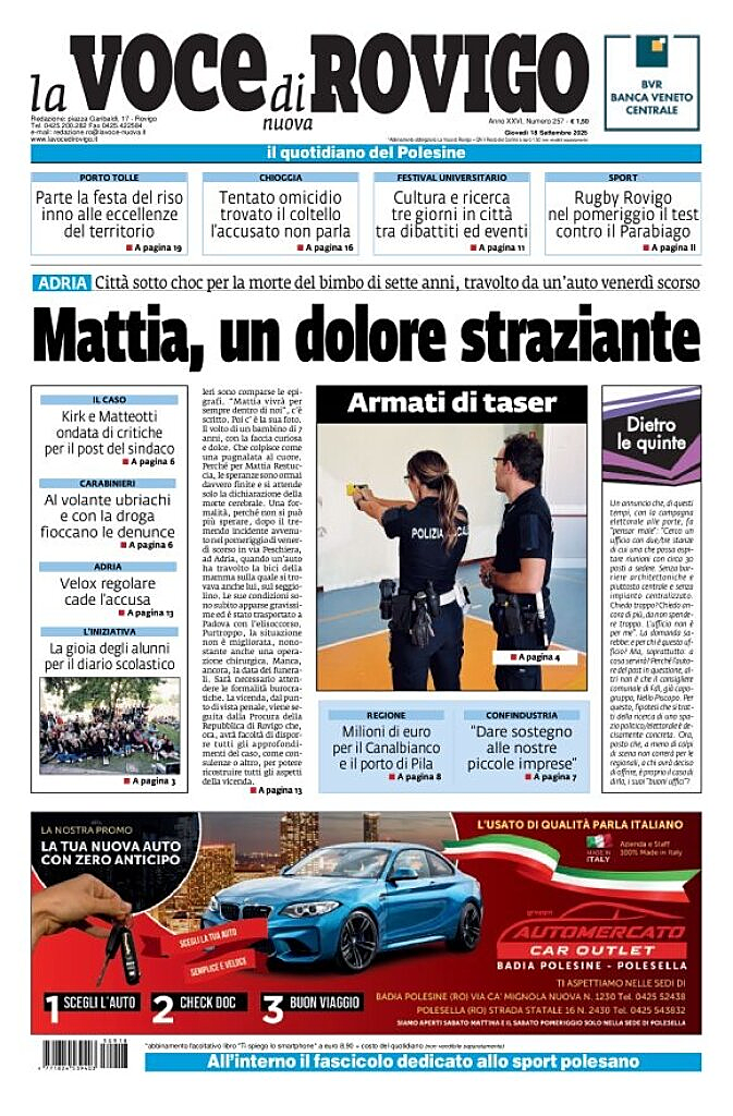 Prima pagina La Voce di Rovigo di oggi - Edicola 18 Settembre 2025