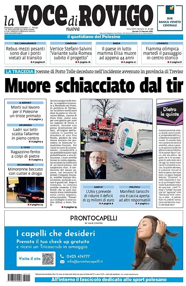 Prima pagina La Voce di Rovigo di oggi - Edicola 15 Gennaio 2026