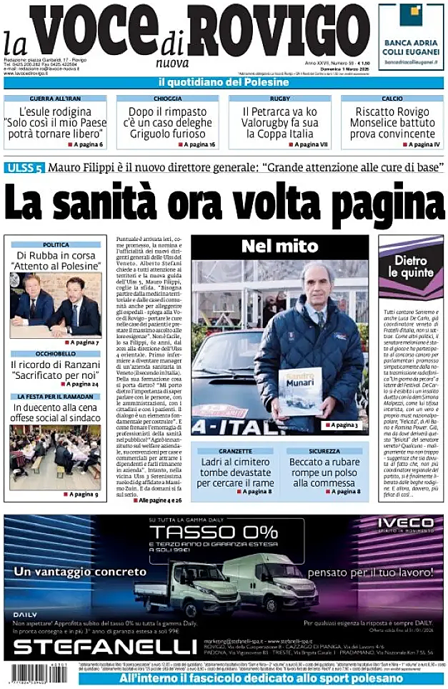 Prima pagina La Voce di Rovigo di oggi - Edicola 1 Marzo 2026
