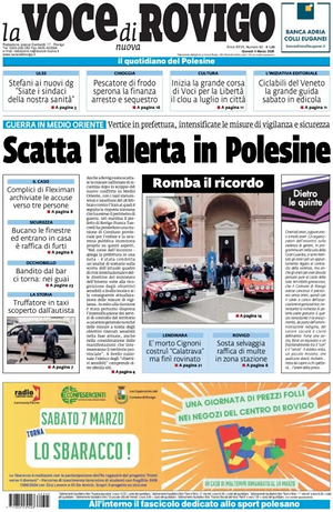 Prima pagina La Voce di Rovigo di oggi - Quotidiano regionale