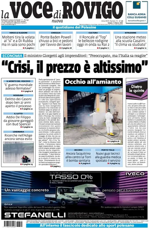 Prima pagina La Voce di Rovigo di oggi - Quotidiano regionale