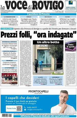 Prima pagina La Voce di Rovigo di oggi - Quotidiano regionale