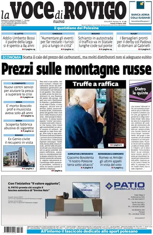 Prima pagina La Voce di Rovigo di oggi - Quotidiano regionale