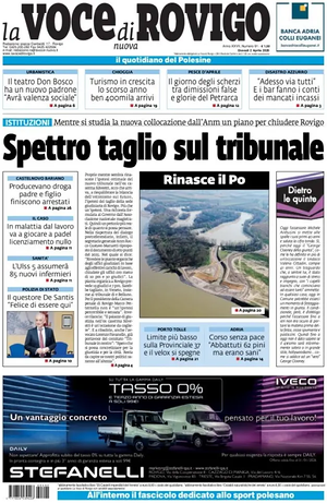 Prima pagina La Voce di Rovigo di oggi - Quotidiano regionale