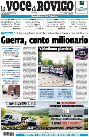 Prima pagina La Voce di Rovigo di oggi - Quotidiano regionale