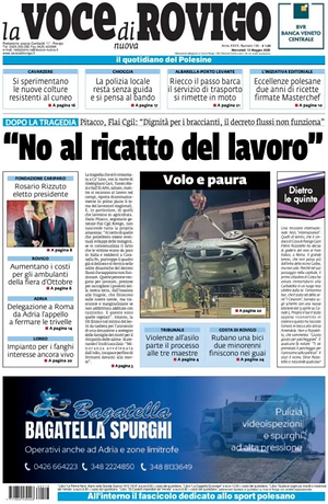Prima pagina La Voce di Rovigo di oggi - Quotidiano regionale