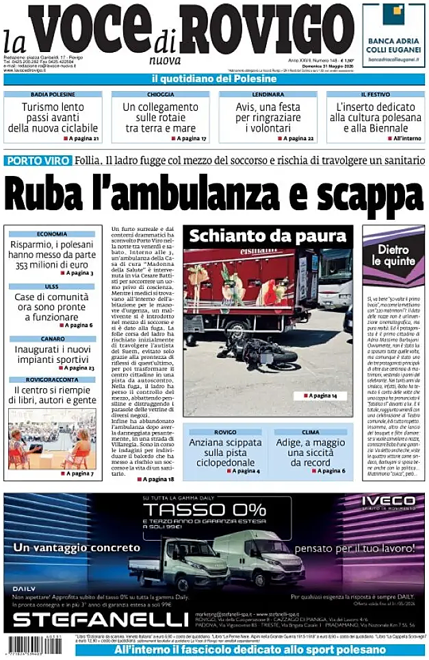 Prima pagina La Voce di Rovigo di oggi - Edicola 31 Maggio 2026