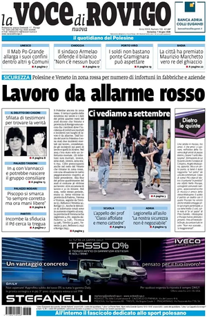 Prima pagina La Voce di Rovigo di oggi - Quotidiano regionale