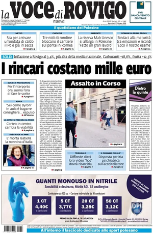 Prima pagina La Voce di Rovigo di oggi - Quotidiano regionale
