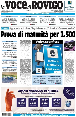 Prima pagina La Voce di Rovigo di oggi - Quotidiano regionale