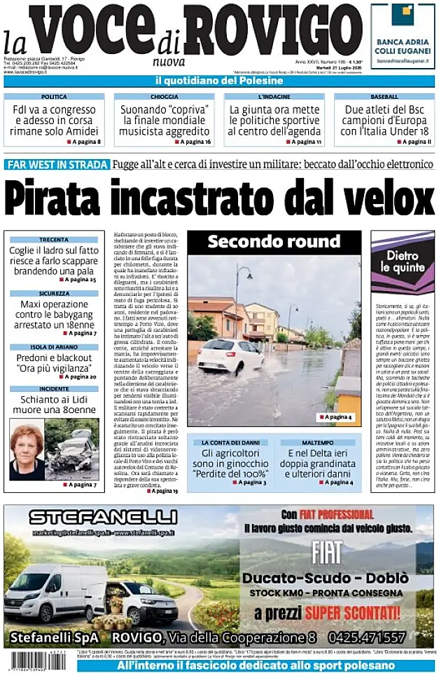 Prima pagina La Voce di Rovigo di oggi - Edicola 21 Luglio 2026