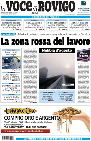 Prima pagina La Voce di Rovigo di oggi - Quotidiano regionale
