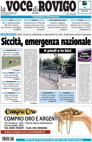 Prima pagina La Voce di Rovigo di oggi - Quotidiano regionale