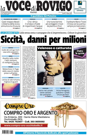 Prima pagina La Voce di Rovigo di oggi - Quotidiano regionale
