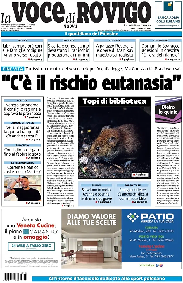 Prima pagina La Voce di Rovigo di oggi - Edicola 4 Settembre 2026