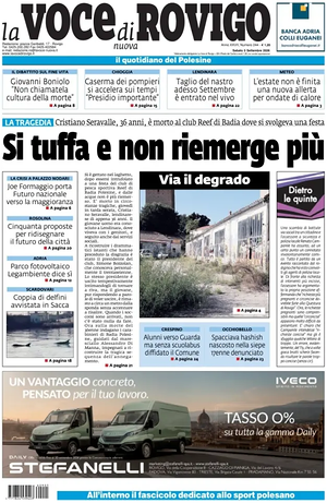 Prima pagina La Voce di Rovigo di oggi - Quotidiano regionale