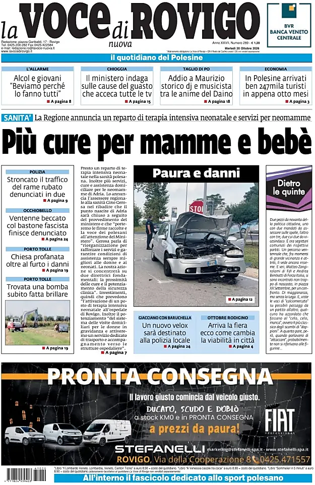 Prima pagina La Voce di Rovigo di oggi - Edicola 20 Ottobre 2026
