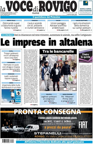 Prima pagina La Voce di Rovigo di oggi - Quotidiano regionale