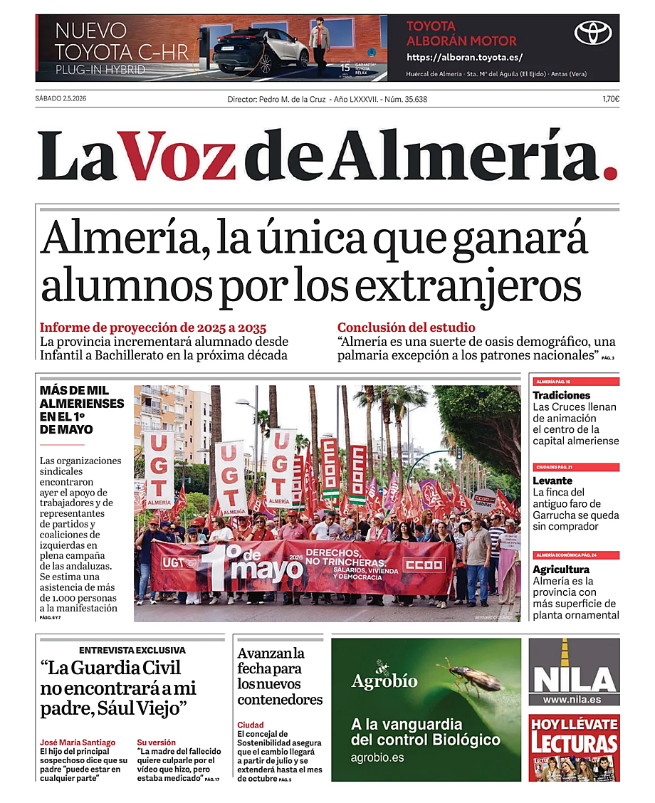 Portada La Voz de Almería de hoy - Quiosco 2 mayo 2026