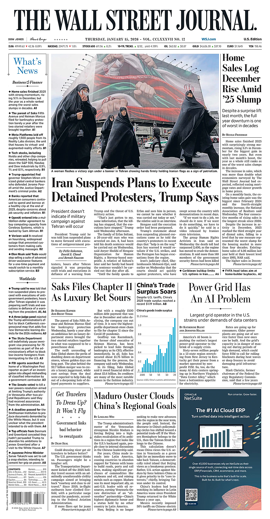 Prima pagina The Wall Street Journal di oggi - Edicola 15 Gennaio 2026