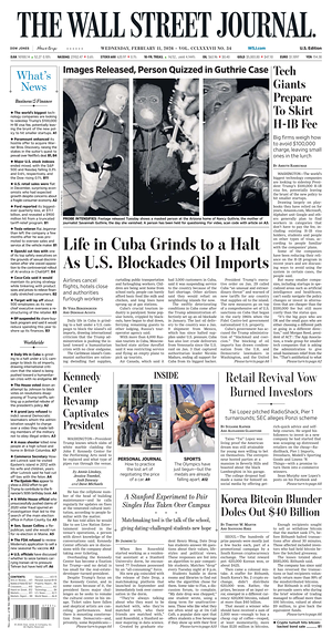 Prima pagina The Wall Street Journal di oggi - Quotidiano finanza