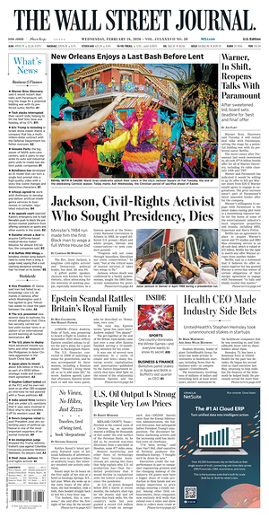 Prima pagina The Wall Street Journal di oggi - Quotidiano finanza