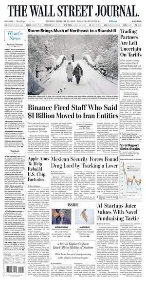 Prima pagina The Wall Street Journal di oggi - Quotidiano finanza