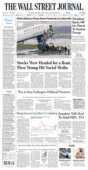 Prima pagina The Wall Street Journal di oggi - Quotidiano finanza