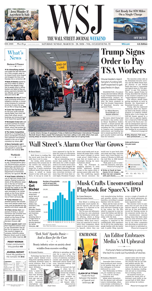 Prima pagina The Wall Street Journal di oggi - Quotidiano finanza