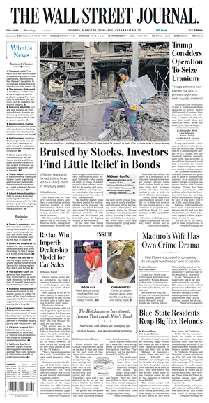 Prima pagina The Wall Street Journal di oggi - Quotidiano finanza