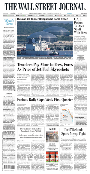 Prima pagina The Wall Street Journal di oggi - Quotidiano finanza