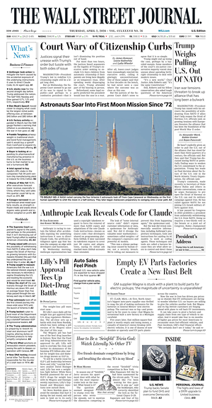 Prima pagina The Wall Street Journal di oggi - Quotidiano finanza