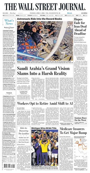 Prima pagina The Wall Street Journal di oggi - Quotidiano finanza