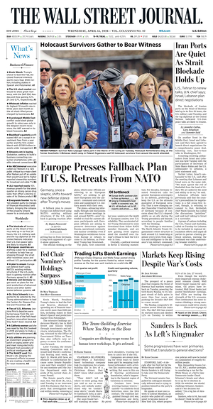 Prima pagina The Wall Street Journal di oggi - Quotidiano finanza
