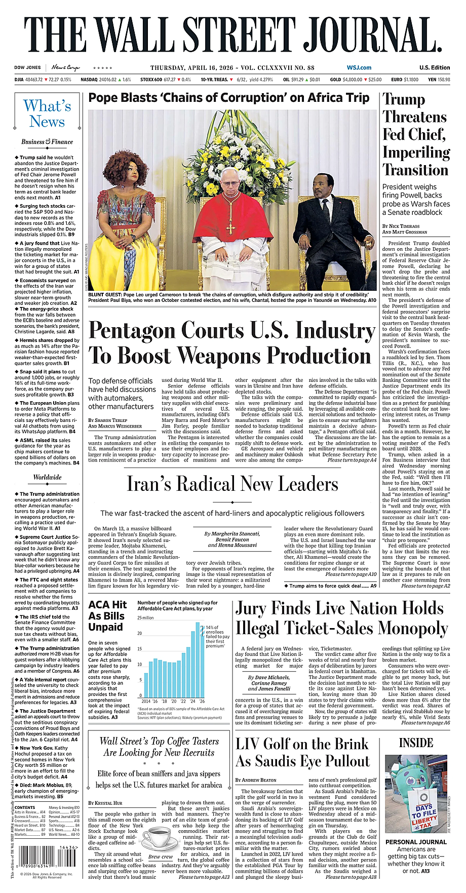 Prima pagina The Wall Street Journal di oggi - Edicola 16 Aprile 2026