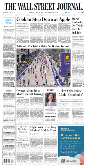 Prima pagina The Wall Street Journal di oggi - Quotidiano finanza