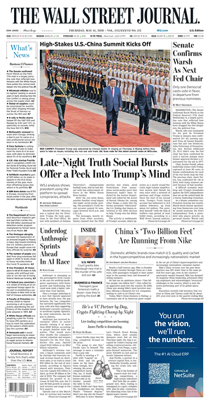 Prima pagina The Wall Street Journal di oggi - Quotidiano finanza