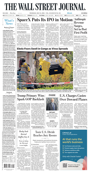 Prima pagina The Wall Street Journal di oggi - Quotidiano finanza