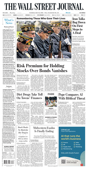 Prima pagina The Wall Street Journal di oggi - Quotidiano finanza