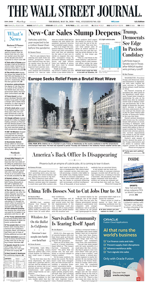 Prima pagina The Wall Street Journal di oggi - Quotidiano finanza