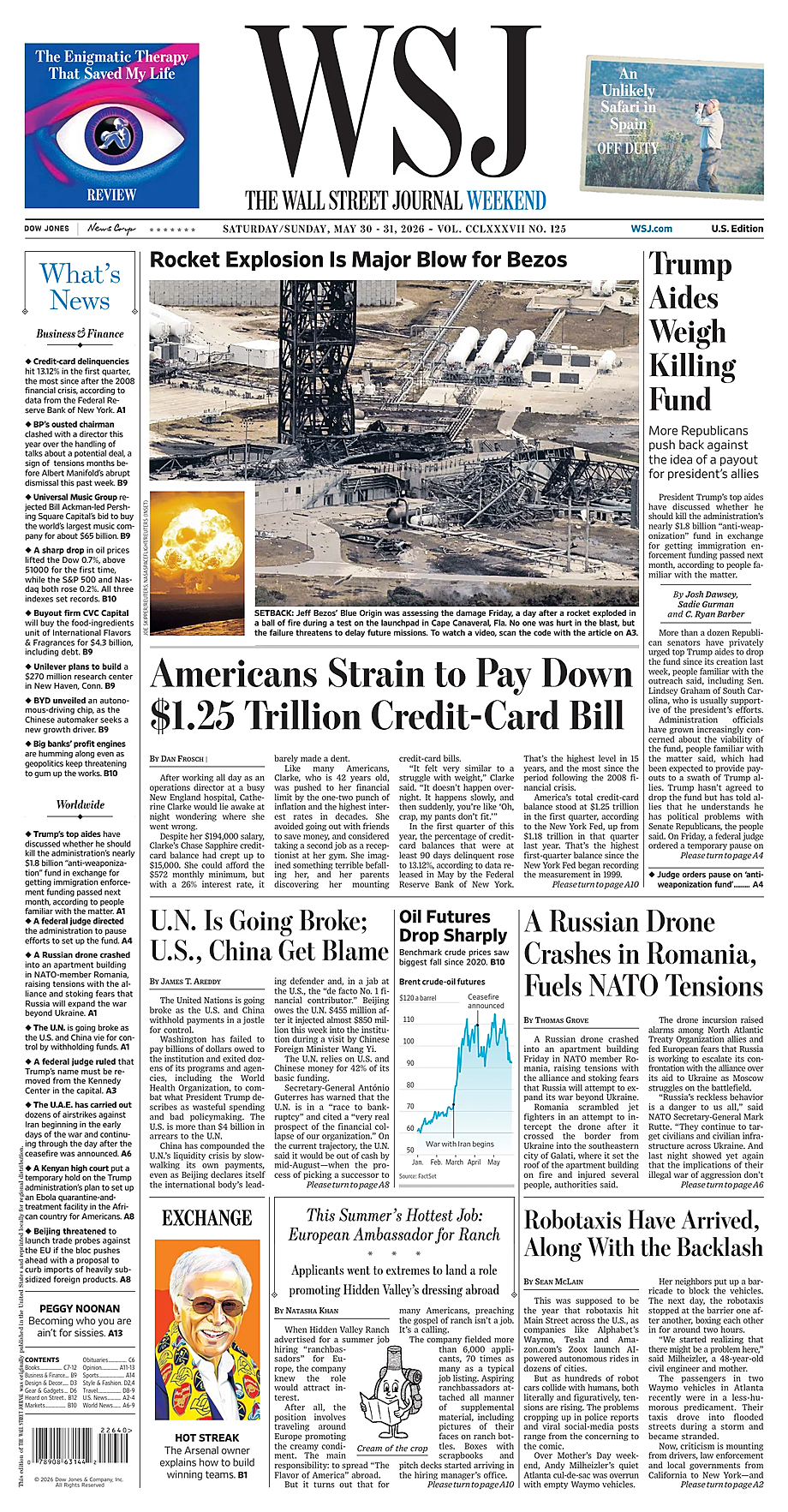 Prima pagina The Wall Street Journal di oggi - Edicola 30 Maggio 2026