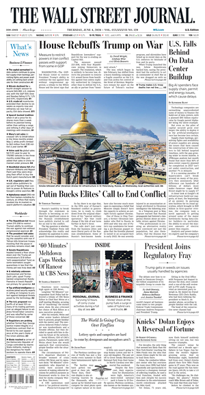 Prima pagina The Wall Street Journal di oggi - Quotidiano finanza