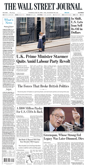 Prima pagina The Wall Street Journal di oggi - Quotidiano finanza