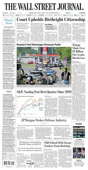 Prima pagina The Wall Street Journal di oggi - Quotidiano finanza