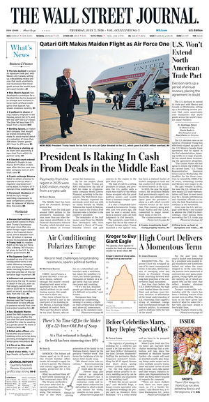 Prima pagina The Wall Street Journal di oggi - Quotidiano finanza