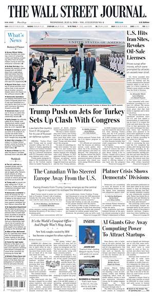 Prima pagina The Wall Street Journal di oggi - Quotidiano finanza