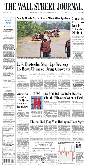 Prima pagina The Wall Street Journal di oggi - Quotidiano finanza