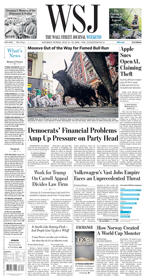 Prima pagina The Wall Street Journal di oggi - Quotidiano finanza